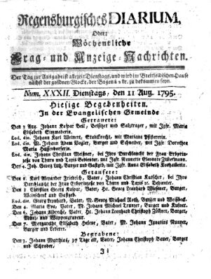 Regensburgisches Diarium oder wöchentliche Frag- und Anzeige-Nachrichten (Regensburger Wochenblatt) Dienstag 11. August 1795