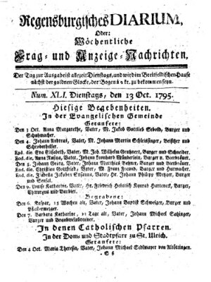 Regensburgisches Diarium oder wöchentliche Frag- und Anzeige-Nachrichten (Regensburger Wochenblatt) Dienstag 13. Oktober 1795