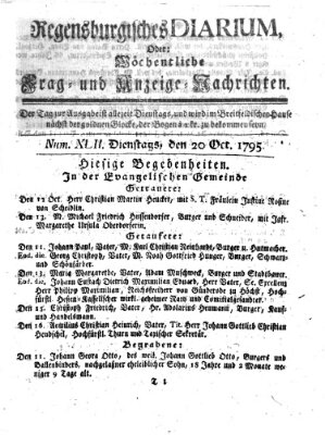 Regensburgisches Diarium oder wöchentliche Frag- und Anzeige-Nachrichten (Regensburger Wochenblatt) Dienstag 20. Oktober 1795