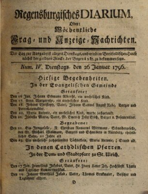 Regensburgisches Diarium oder wöchentliche Frag- und Anzeige-Nachrichten (Regensburger Wochenblatt) Dienstag 26. Januar 1796