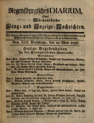 Regensburgisches Diarium oder wöchentliche Frag- und Anzeige-Nachrichten (Regensburger Wochenblatt) Dienstag 10. Mai 1796