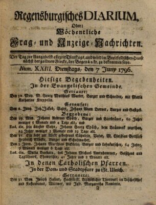 Regensburgisches Diarium oder wöchentliche Frag- und Anzeige-Nachrichten (Regensburger Wochenblatt) Dienstag 7. Juni 1796