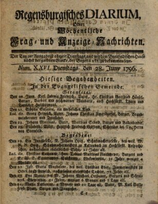 Regensburgisches Diarium oder wöchentliche Frag- und Anzeige-Nachrichten (Regensburger Wochenblatt) Dienstag 28. Juni 1796