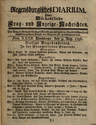 Regensburgisches Diarium oder wöchentliche Frag- und Anzeige-Nachrichten (Regensburger Wochenblatt) Dienstag 9. August 1796