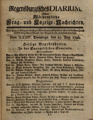 Regensburgisches Diarium oder wöchentliche Frag- und Anzeige-Nachrichten (Regensburger Wochenblatt) Dienstag 23. August 1796