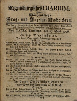 Regensburgisches Diarium oder wöchentliche Frag- und Anzeige-Nachrichten (Regensburger Wochenblatt) Dienstag 27. September 1796