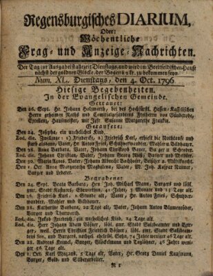 Regensburgisches Diarium oder wöchentliche Frag- und Anzeige-Nachrichten (Regensburger Wochenblatt) Dienstag 4. Oktober 1796