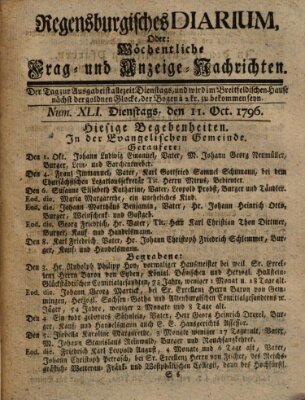 Regensburgisches Diarium oder wöchentliche Frag- und Anzeige-Nachrichten (Regensburger Wochenblatt) Dienstag 11. Oktober 1796