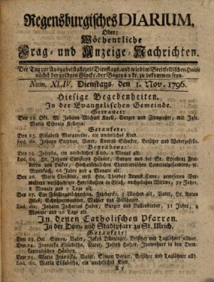 Regensburgisches Diarium oder wöchentliche Frag- und Anzeige-Nachrichten (Regensburger Wochenblatt) Dienstag 1. November 1796