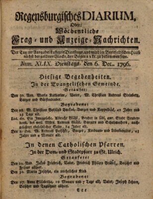 Regensburgisches Diarium oder wöchentliche Frag- und Anzeige-Nachrichten (Regensburger Wochenblatt) Dienstag 6. Dezember 1796