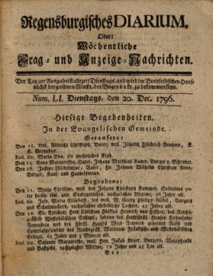 Regensburgisches Diarium oder wöchentliche Frag- und Anzeige-Nachrichten (Regensburger Wochenblatt) Dienstag 20. Dezember 1796