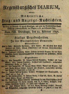 Regensburgisches Diarium oder wöchentliche Frag- und Anzeige-Nachrichten (Regensburger Wochenblatt) Dienstag 21. Februar 1797