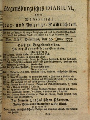 Regensburgisches Diarium oder wöchentliche Frag- und Anzeige-Nachrichten (Regensburger Wochenblatt) Dienstag 20. Juni 1797