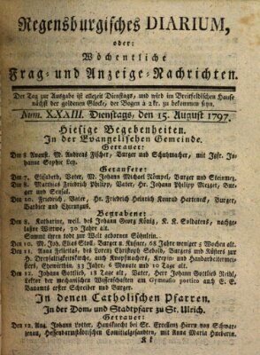 Regensburgisches Diarium oder wöchentliche Frag- und Anzeige-Nachrichten (Regensburger Wochenblatt) Dienstag 15. August 1797