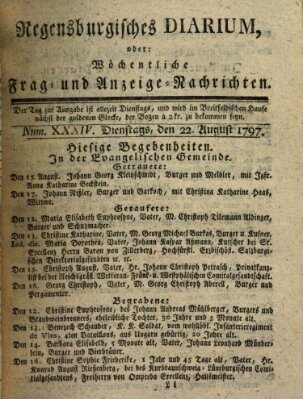 Regensburgisches Diarium oder wöchentliche Frag- und Anzeige-Nachrichten (Regensburger Wochenblatt) Dienstag 22. August 1797