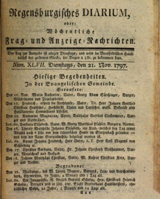 Regensburgisches Diarium oder wöchentliche Frag- und Anzeige-Nachrichten (Regensburger Wochenblatt) Dienstag 21. November 1797