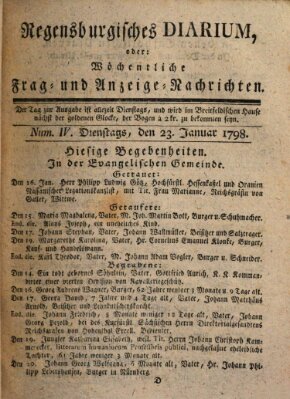 Regensburgisches Diarium oder wöchentliche Frag- und Anzeige-Nachrichten (Regensburger Wochenblatt) Dienstag 23. Januar 1798