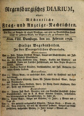 Regensburgisches Diarium oder wöchentliche Frag- und Anzeige-Nachrichten (Regensburger Wochenblatt) Dienstag 20. Februar 1798