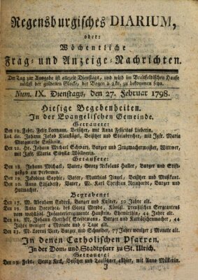Regensburgisches Diarium oder wöchentliche Frag- und Anzeige-Nachrichten (Regensburger Wochenblatt) Dienstag 27. Februar 1798