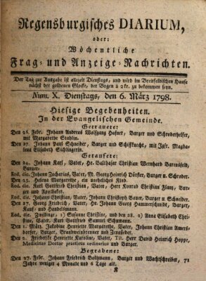 Regensburgisches Diarium oder wöchentliche Frag- und Anzeige-Nachrichten (Regensburger Wochenblatt) Dienstag 6. März 1798