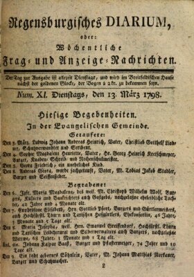 Regensburgisches Diarium oder wöchentliche Frag- und Anzeige-Nachrichten (Regensburger Wochenblatt) Dienstag 13. März 1798