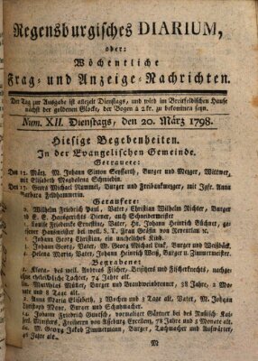 Regensburgisches Diarium oder wöchentliche Frag- und Anzeige-Nachrichten (Regensburger Wochenblatt) Dienstag 20. März 1798