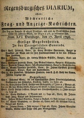 Regensburgisches Diarium oder wöchentliche Frag- und Anzeige-Nachrichten (Regensburger Wochenblatt) Dienstag 17. April 1798