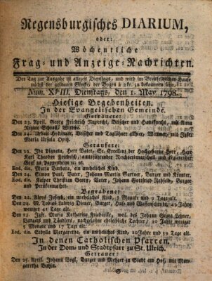 Regensburgisches Diarium oder wöchentliche Frag- und Anzeige-Nachrichten (Regensburger Wochenblatt) Dienstag 1. Mai 1798