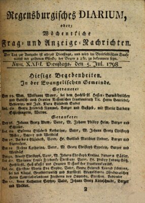 Regensburgisches Diarium oder wöchentliche Frag- und Anzeige-Nachrichten (Regensburger Wochenblatt) Dienstag 5. Juni 1798