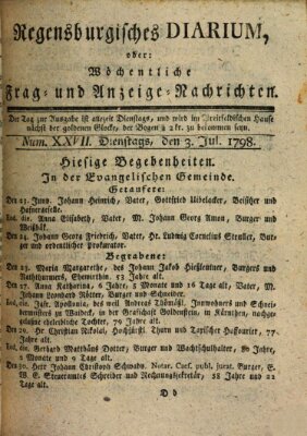 Regensburgisches Diarium oder wöchentliche Frag- und Anzeige-Nachrichten (Regensburger Wochenblatt) Dienstag 3. Juli 1798