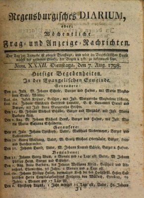 Regensburgisches Diarium oder wöchentliche Frag- und Anzeige-Nachrichten (Regensburger Wochenblatt) Dienstag 7. August 1798