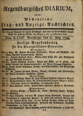 Regensburgisches Diarium oder wöchentliche Frag- und Anzeige-Nachrichten (Regensburger Wochenblatt) Dienstag 21. August 1798