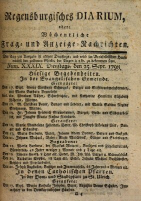 Regensburgisches Diarium oder wöchentliche Frag- und Anzeige-Nachrichten (Regensburger Wochenblatt) Dienstag 25. September 1798