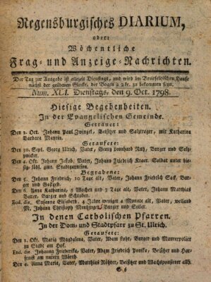 Regensburgisches Diarium oder wöchentliche Frag- und Anzeige-Nachrichten (Regensburger Wochenblatt) Dienstag 9. Oktober 1798