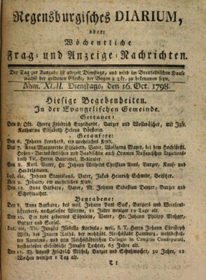Regensburgisches Diarium oder wöchentliche Frag- und Anzeige-Nachrichten (Regensburger Wochenblatt) Dienstag 16. Oktober 1798