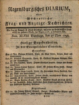 Regensburgisches Diarium oder wöchentliche Frag- und Anzeige-Nachrichten (Regensburger Wochenblatt) Dienstag 27. November 1798