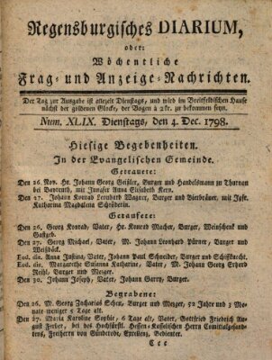 Regensburgisches Diarium oder wöchentliche Frag- und Anzeige-Nachrichten (Regensburger Wochenblatt) Dienstag 4. Dezember 1798