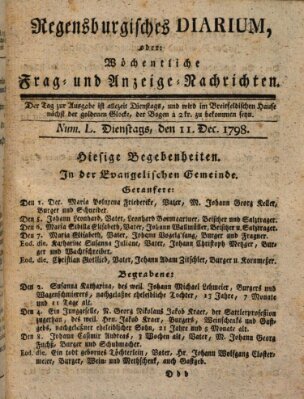 Regensburgisches Diarium oder wöchentliche Frag- und Anzeige-Nachrichten (Regensburger Wochenblatt) Dienstag 11. Dezember 1798