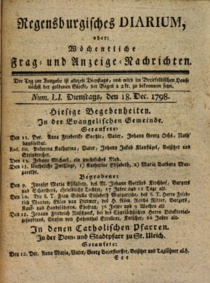 Regensburgisches Diarium oder wöchentliche Frag- und Anzeige-Nachrichten (Regensburger Wochenblatt) Dienstag 18. Dezember 1798