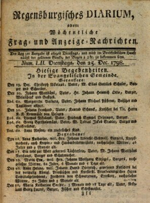 Regensburgisches Diarium oder wöchentliche Frag- und Anzeige-Nachrichten (Regensburger Wochenblatt) Dienstag 25. Dezember 1798