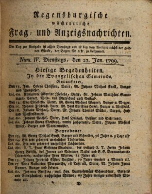 Regensburgische wöchentliche Frag- und Anzeigsnachrichten (Regensburger Wochenblatt) Dienstag 22. Januar 1799