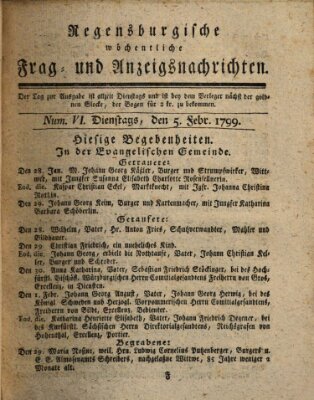 Regensburgische wöchentliche Frag- und Anzeigsnachrichten (Regensburger Wochenblatt) Dienstag 5. Februar 1799