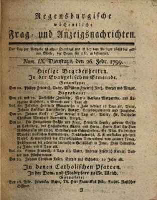 Regensburgische wöchentliche Frag- und Anzeigsnachrichten (Regensburger Wochenblatt) Dienstag 26. Februar 1799