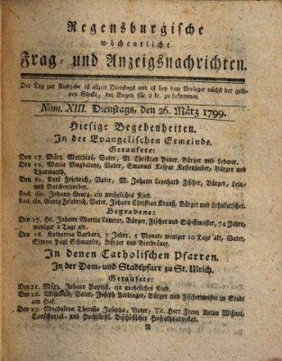 Regensburgische wöchentliche Frag- und Anzeigsnachrichten (Regensburger Wochenblatt) Dienstag 26. März 1799