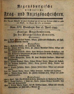 Regensburgische wöchentliche Frag- und Anzeigsnachrichten (Regensburger Wochenblatt) Dienstag 16. April 1799