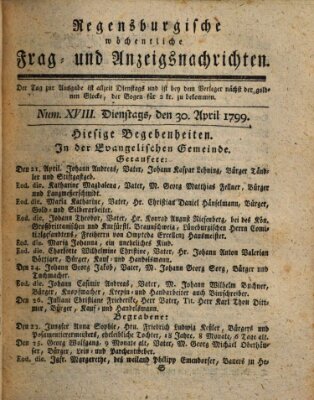 Regensburgische wöchentliche Frag- und Anzeigsnachrichten (Regensburger Wochenblatt) Dienstag 30. April 1799