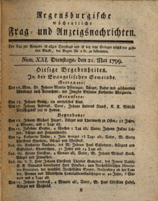 Regensburgische wöchentliche Frag- und Anzeigsnachrichten (Regensburger Wochenblatt) Dienstag 21. Mai 1799