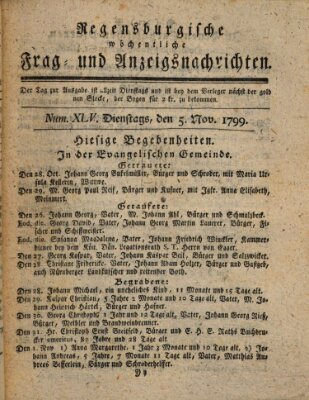 Regensburgische wöchentliche Frag- und Anzeigsnachrichten (Regensburger Wochenblatt) Dienstag 5. November 1799