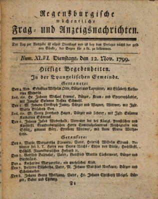 Regensburgische wöchentliche Frag- und Anzeigsnachrichten (Regensburger Wochenblatt) Dienstag 12. November 1799