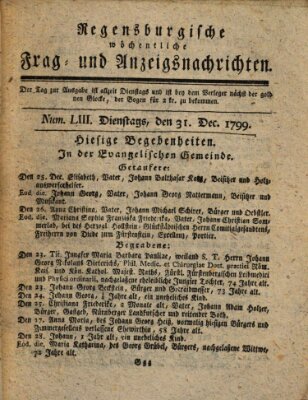 Regensburgische wöchentliche Frag- und Anzeigsnachrichten (Regensburger Wochenblatt) Dienstag 31. Dezember 1799